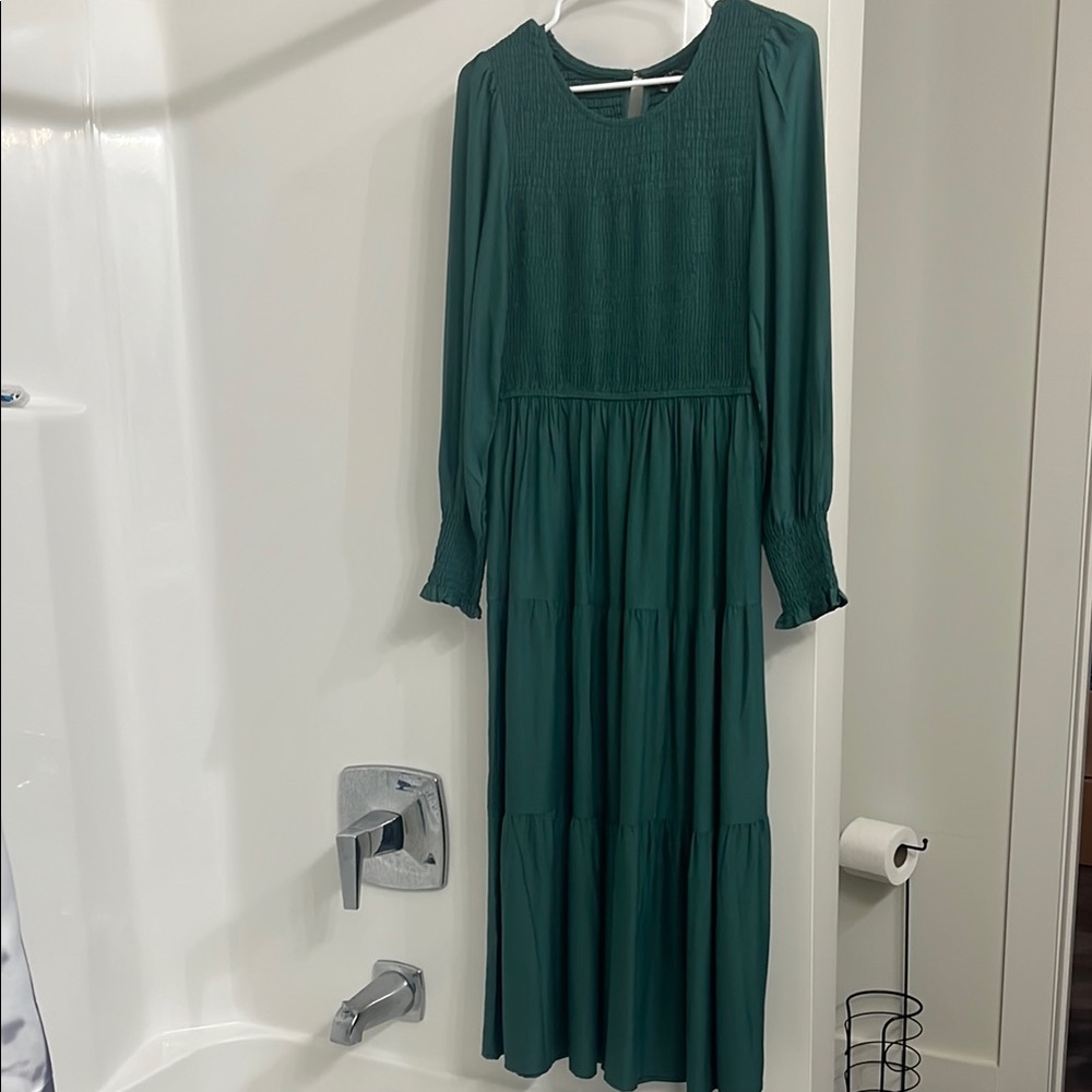 Green Pleated Long Sleeve Sundress